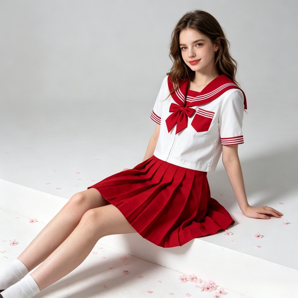Cosplay Anime Basic - Uniforme Scolastica Giapponese Rossa a Maniche